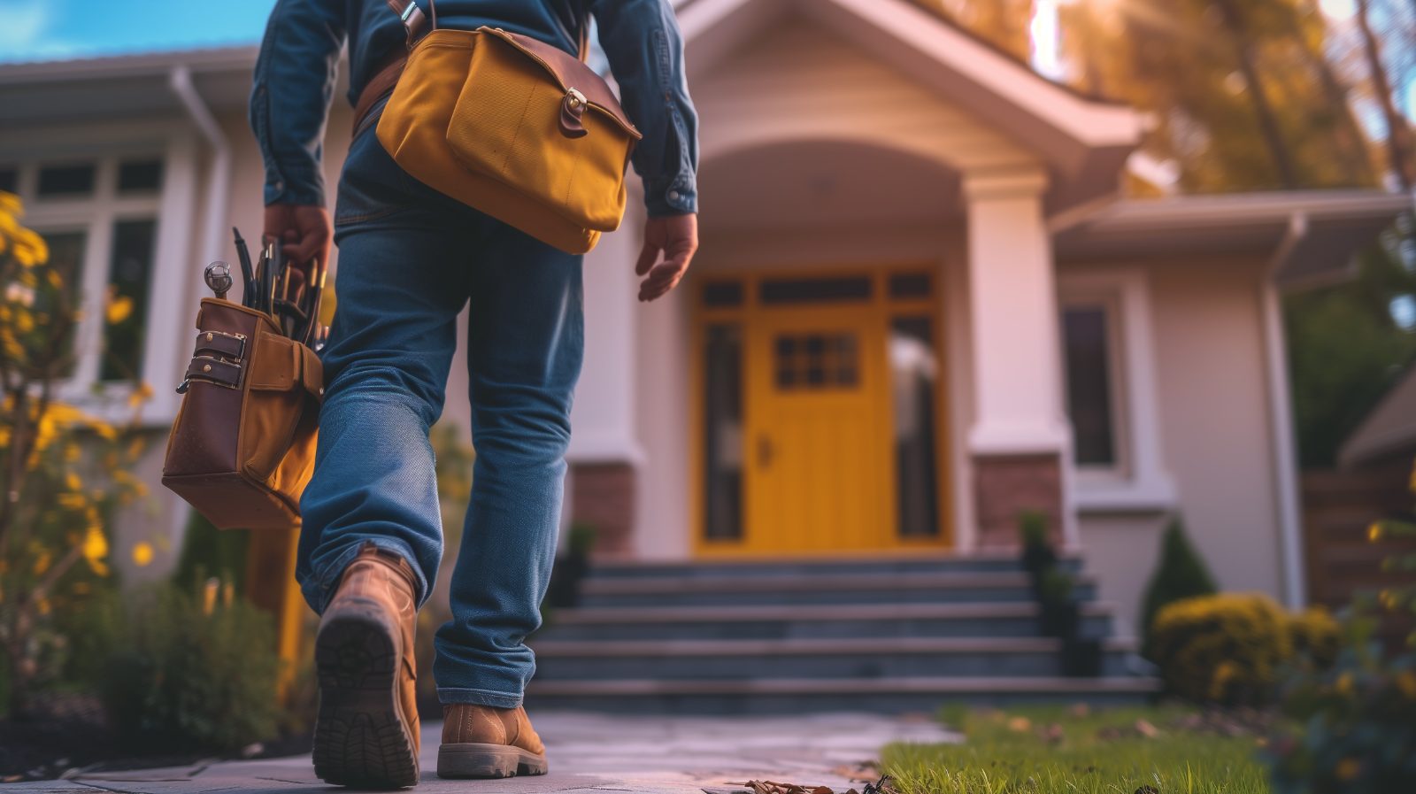 Person in blue jeans and brown boots walking toward pink house with yellow door, carrying yellow and brown bags