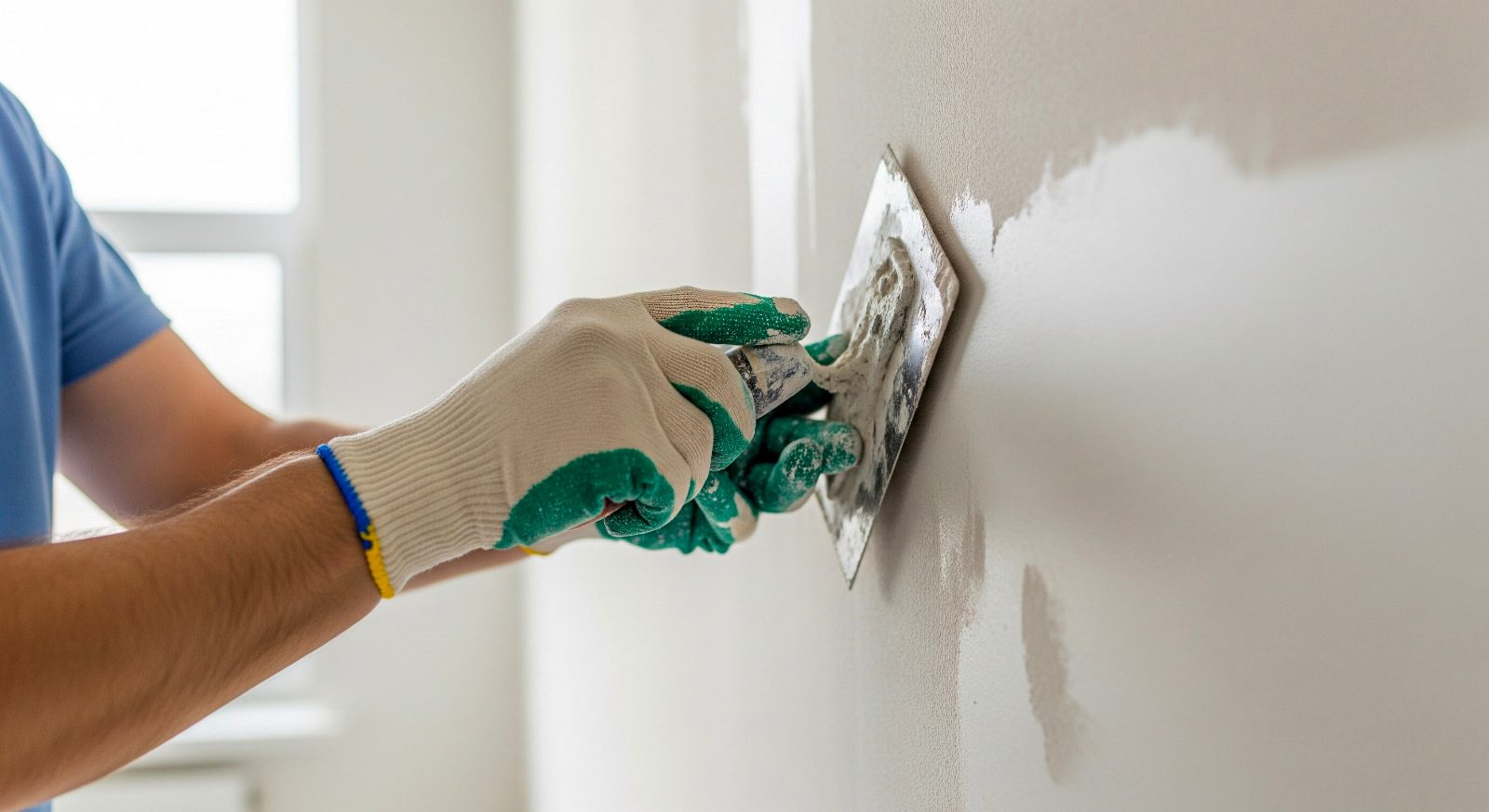 Worker in gloves applying white drywall compound to wall with putty knife