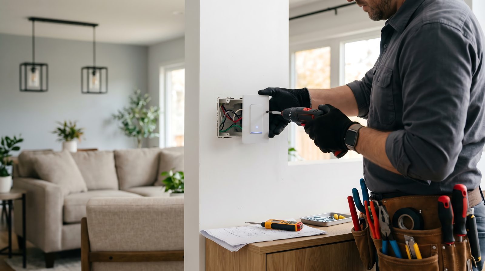 Electrician installing light switch in modern home interior with living room visible in background